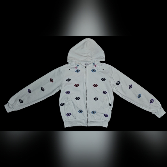 Lola + The Boys Evil Eye Hoodie Womens White Beaded Embroidered Zip Sz M - Picture 14 of 16